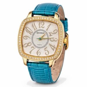 GOSSIR Women's Gold Tone Quartz Watch Blue Leather Strap Rhinestone Bezel